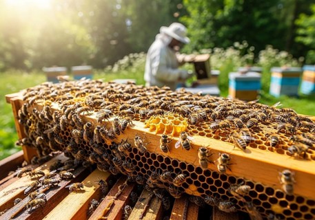 A close-up of a honeycomb frame bustling with honeybees, with a blurred beekeeper and beehive in