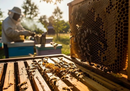 A close-up of a honeycomb frame bustling with honeybees, with a blurred beekeeper and beehive in