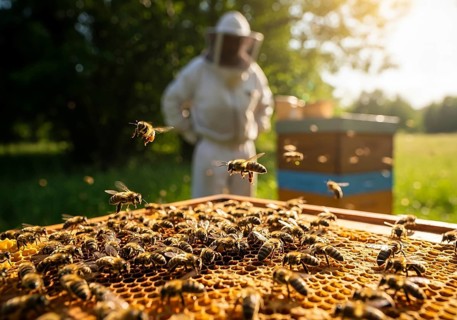 A close-up of a honeycomb frame bustling with honeybees, with a blurred beekeeper and beehive in