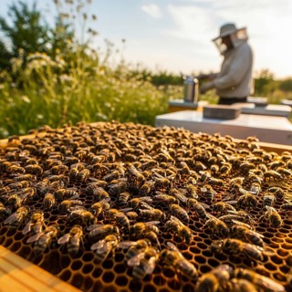 A close-up of a honeycomb frame bustling with honeybees, with a blurred beekeeper and beehive in