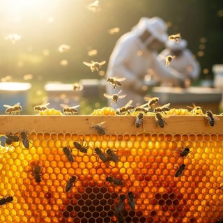 A close-up of a honeycomb frame bustling with honeybees, with a blurred beekeeper and beehive in