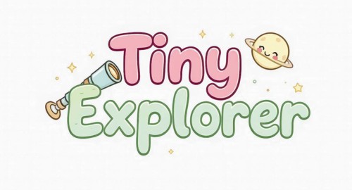 Cute cartoon illustration of the words 'Tiny Explorer' with a telescope, planet, and stars. Ideal