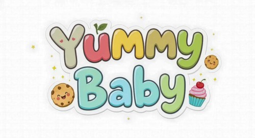 This adorable image features the words 'Yummy Baby' in colorful, playful lettering, accompanied by
