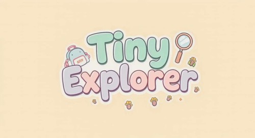 A cute illustration of the words Tiny Explorer accompanied by a backpack, magnifying glass, and paw