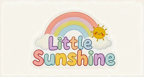 A colorful illustration of a rainbow, sun, and clouds with the words Little Sunshine, AI generated
