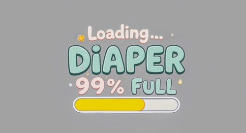 A humorous illustration depicts a diaper loading to 99% full, with playful text. The design