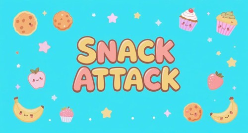 A cute illustration with a Snack Attack theme, featuring various snacks, and cartoon characters on