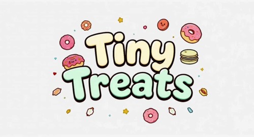 A cute illustration of the words Tiny Treats with various dessert elements scattered around, AI