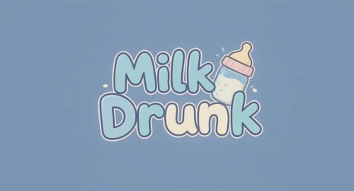A whimsical cartoon design featuring the words Milk Drunk with a baby bottle illustration on a blue