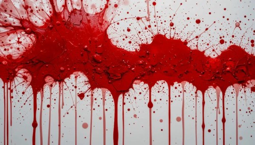 An abstract art piece featuring vibrant red paint splatters and drips against a clean white