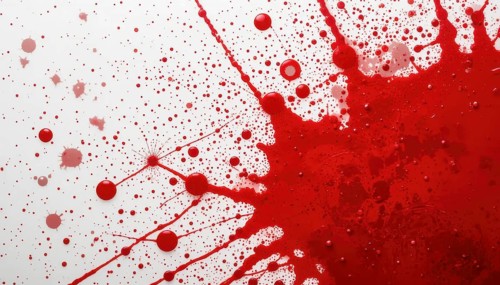 Abstract red paint splatter on white background. Artistic paint drops creating dynamic and