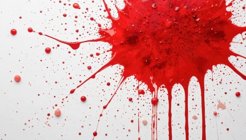 A vibrant red paint splatter, with droplets and streaks, against a clean white background. Dynamic