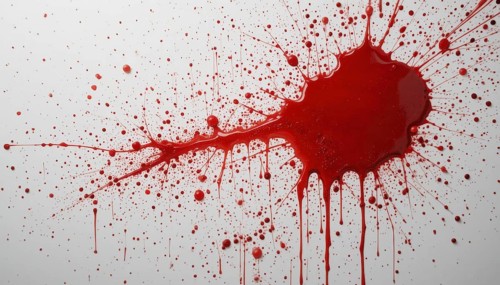 A striking image of a vivid red blood splatter against a clean, white background. The dynamic
