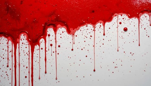 Vivid red paint drips and splatters against a clean white background, creating a striking visual