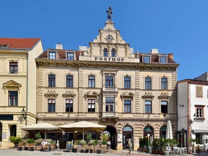 Close-up of a baroque building with a magnificent façade and decorative elements in the town of