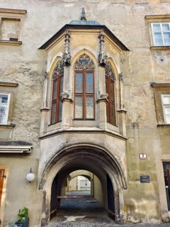 Gothic bay window above an archway on an old stone wall Göglhaus Krems Wachau Waldviertel Lower