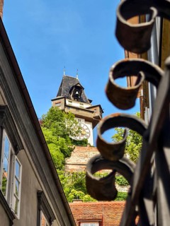 Architecturally richly decorated tower behind a forged fence with a clear sky Graz Clock Tower Graz
