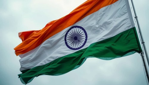 The Indian flag waves proudly in the wind, showcasing the vibrant colors of saffron, white, and