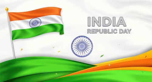 An artistic depiction of India's Republic Day with the Indian flag waving in the wind, featuring