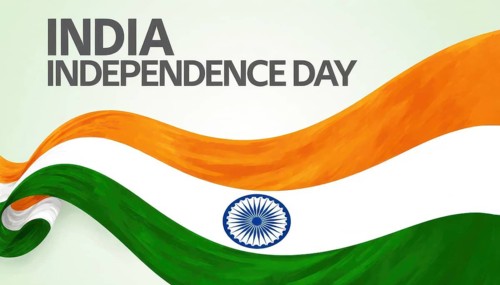 A vibrant illustration of the Indian flag waving with India Independence Day written across the top