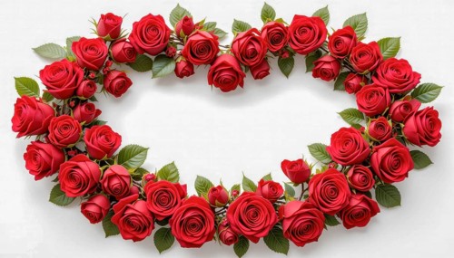 A vibrant heart-shaped arrangement of red roses and green leaves on a white background, perfect for