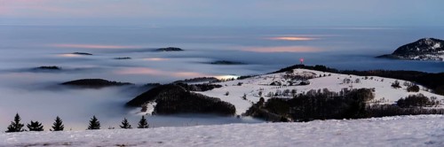 View from the Wasserkuppe in winter, dusk, Hessian Rhön nature park Park, Hesse, Germany