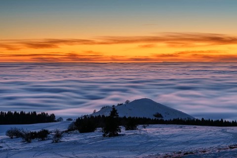 View from the Wasserkuppe in winter, dusk, Hessian Rhön nature park Park, Hesse, Germany