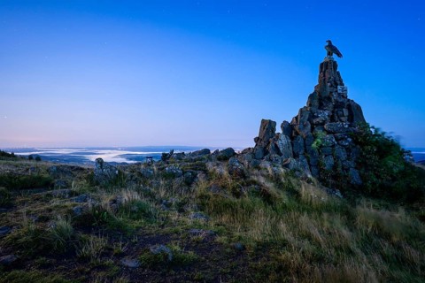 Wasserkuppe with aviation memorial at dawn, Hesse, Germany