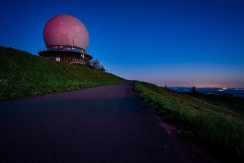 Wasserkuppe with radome at dusk, Hesse, Germany