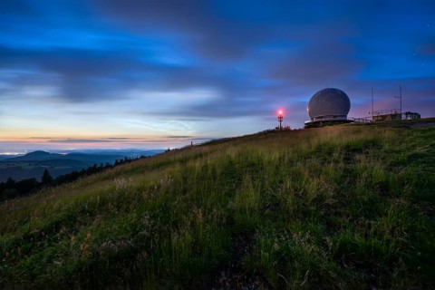 Wasserkuppe with radome at dusk, Hesse, Germany