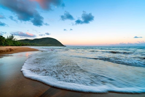 Grande Anse beach, coast and sea at dawn, Deshaies, Basse Terre, Guadeloupe, French Antilles,