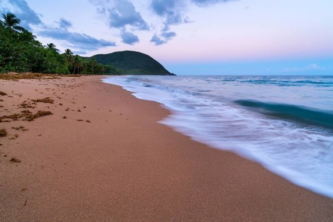 Grande Anse beach, coast and sea at dawn, Deshaies, Basse Terre, Guadeloupe, French Antilles,