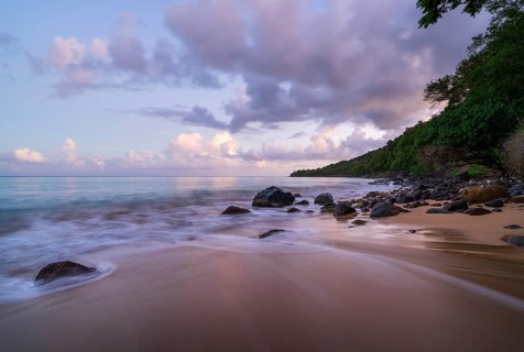 Grande Anse beach, coast and sea at dawn, Deshaies, Basse Terre, Guadeloupe, French Antilles,