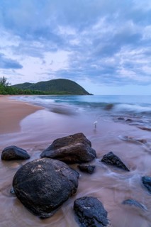 Grande Anse beach, coast and sea at dawn, Deshaies, Basse Terre, Guadeloupe, French Antilles,