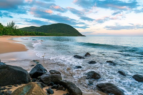 Grande Anse beach, coast and sea at dawn, Deshaies, Basse Terre, Guadeloupe, French Antilles,