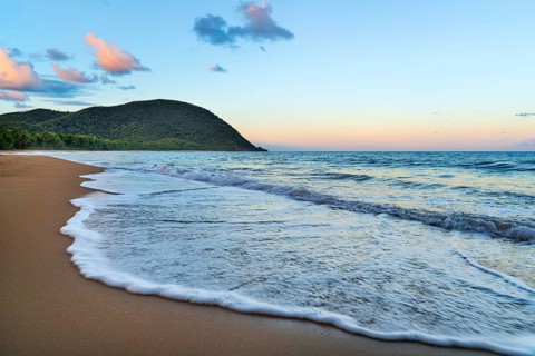 Grande Anse beach, coast and sea at dawn, Deshaies, Basse Terre, Guadeloupe, French Antilles,