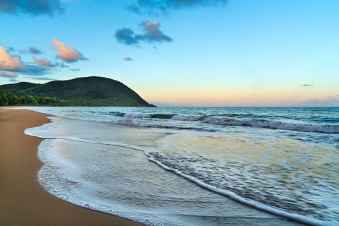 Grande Anse beach, coast and sea at dawn, Deshaies, Basse Terre, Guadeloupe, French Antilles,