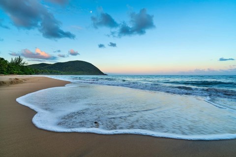 Grande Anse beach, coast and sea at dawn, Deshaies, Basse Terre, Guadeloupe, French Antilles,