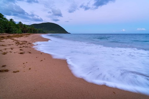 Grande Anse beach, coast and sea at dawn, Deshaies, Basse Terre, Guadeloupe, French Antilles,