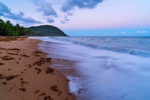 Grande Anse beach, coast and sea at dawn, Deshaies, Basse Terre, Guadeloupe, French Antilles,