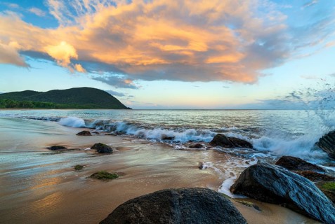 Grande Anse beach, coast and sea at dawn, Deshaies, Basse Terre, Guadeloupe, French Antilles,