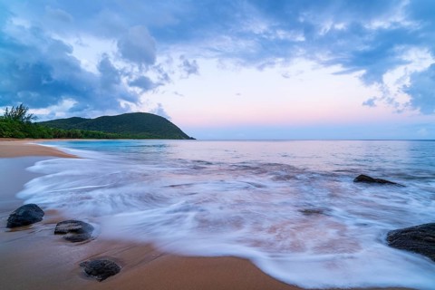 Grande Anse beach, coast and sea at dawn, Deshaies, Basse Terre, Guadeloupe, French Antilles,