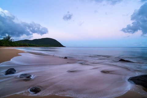 Grande Anse beach, coast and sea at dawn, Deshaies, Basse Terre, Guadeloupe, French Antilles,