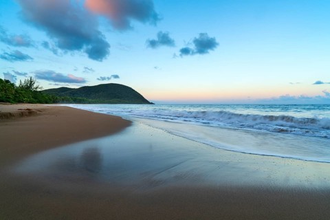 Grande Anse beach, coast and sea at dawn, Deshaies, Basse Terre, Guadeloupe, French Antilles,