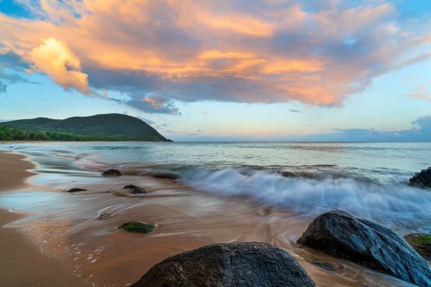 Grande Anse beach, coast and sea at dawn, Deshaies, Basse Terre, Guadeloupe, French Antilles,