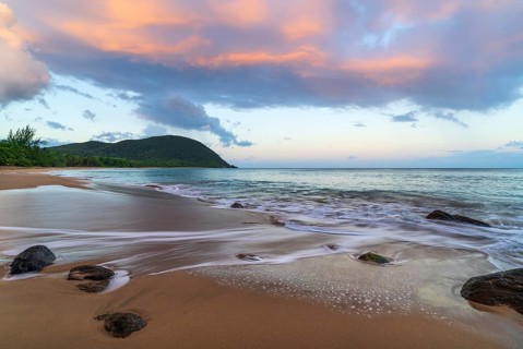 Grande Anse beach, coast and sea at dawn, Deshaies, Basse Terre, Guadeloupe, French Antilles,