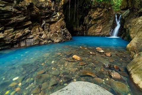 Saut d'eau de Matouba, waterfall with blue water, Saint-Claude, Basse Terre, Guadeloupe, French