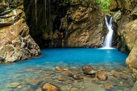 Saut d'eau de Matouba, waterfall with blue water, Saint-Claude, Basse Terre, Guadeloupe, French