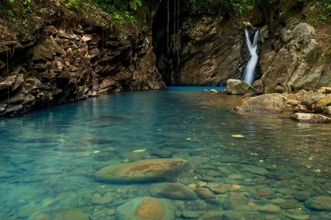 Saut d'eau de Matouba, waterfall with blue water, Saint-Claude, Basse Terre, Guadeloupe, French