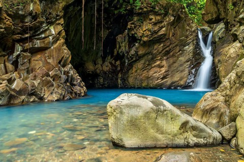 Saut d'eau de Matouba, waterfall with blue water, Saint-Claude, Basse Terre, Guadeloupe, French